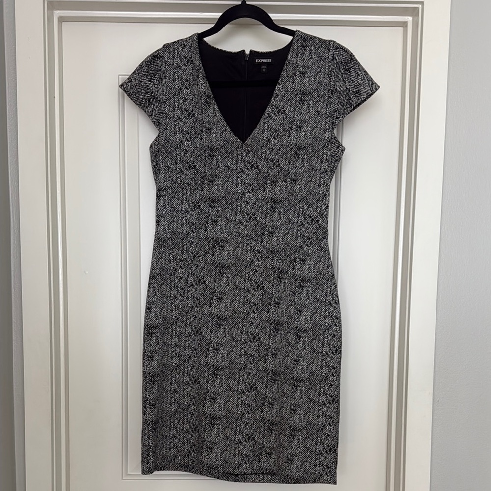 Express Black and White Sheath Dress with Flutter Sleeves